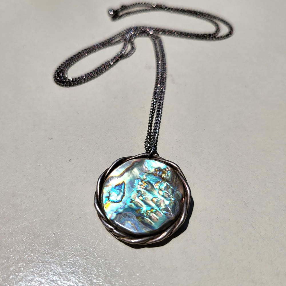 Vintage Abalone Shell Pendant Necklace Blue 925 Silver Reversible Blue & Orange